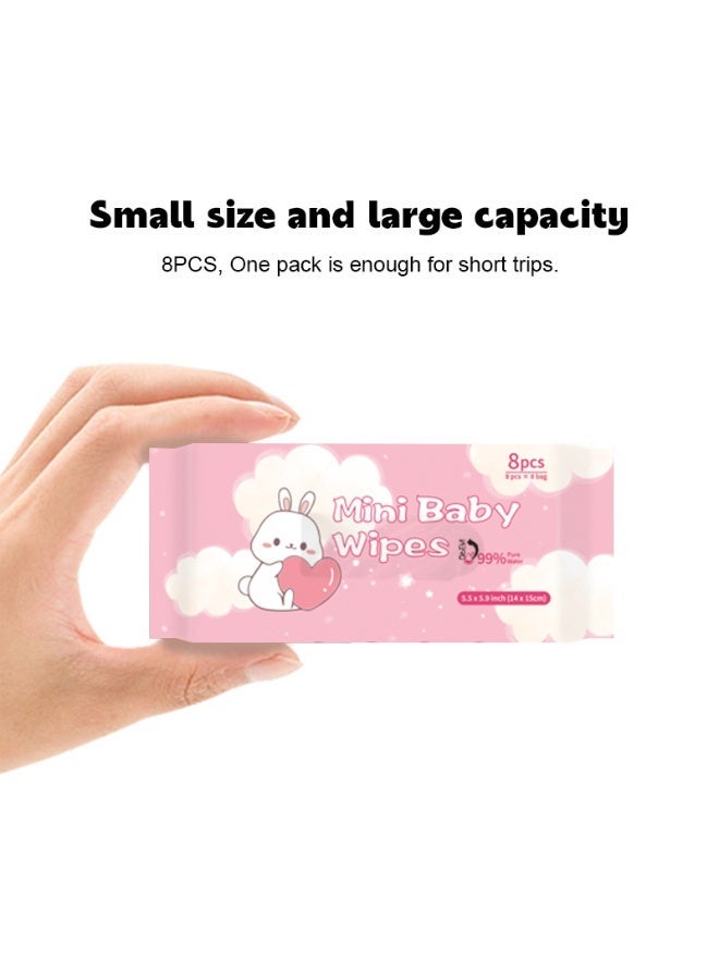 مناديل مبللة للأطفال – ميني 8 قطع/عبوة (الإجمالي 8 عبوات) مغلفة بشكل فردي، تحتوي على 99% ماء نقي، لطيفة على البشرة، مضادة للحساسية، صديقة للبيئة، ومثالية لحديثي الولادة وللاستخدام أثناء التنقل. - Image 2